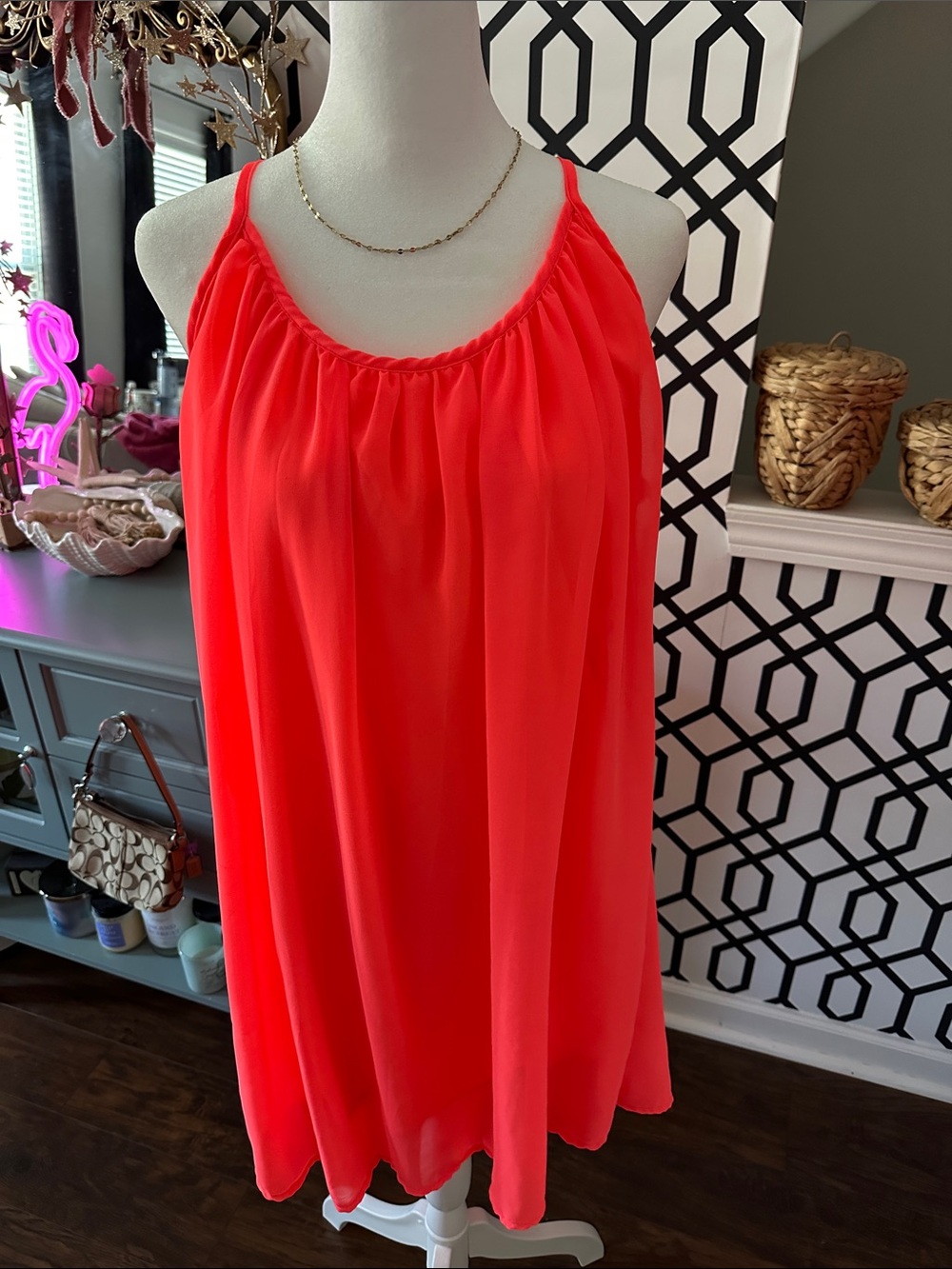 Flowy Coral-Red Gathered-Neck Dress